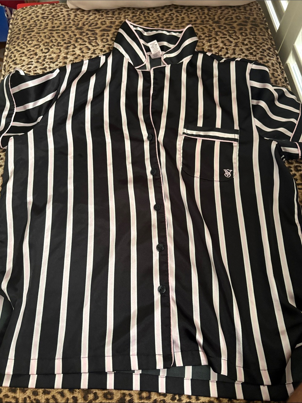 Victoria's Secret Black and White Vertical Stripe Button-Down Shirt